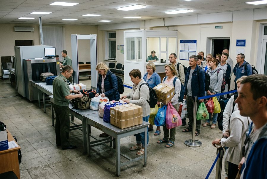 Очередь на таможенный досмотр: люди с сумками и коробками у столов пункта пропуска